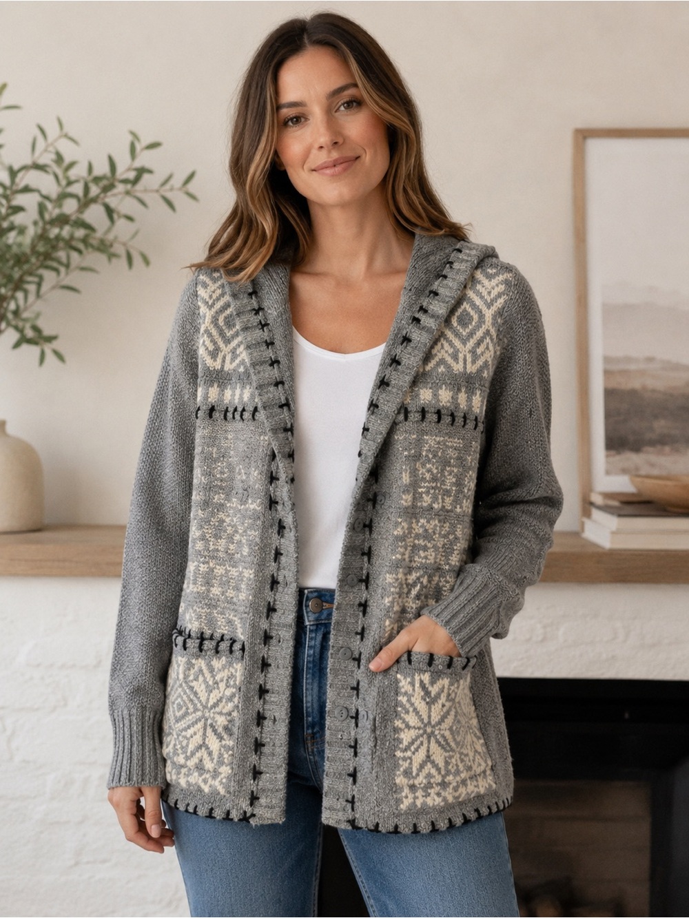 J.Jill Hooded Fair Isle Cardigan Sweater Size Medium Gray Cream - Picture 4 of 10